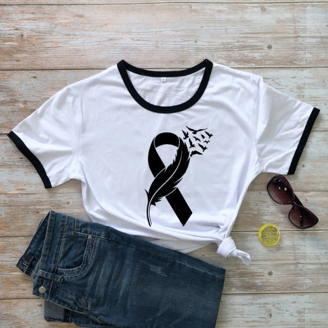 Womens Pink Ribbon Feather & Birds Flying BCA T-Shirt