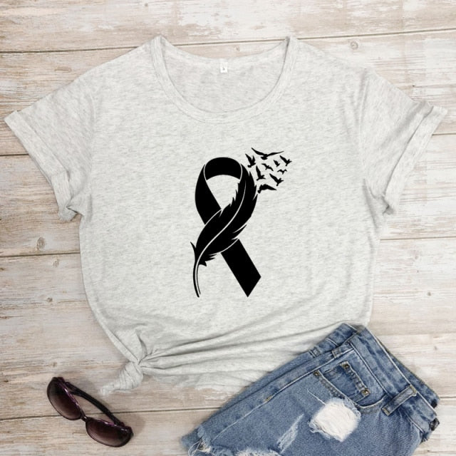 Womens Pink Ribbon Feather & Birds Flying BCA T-Shirt