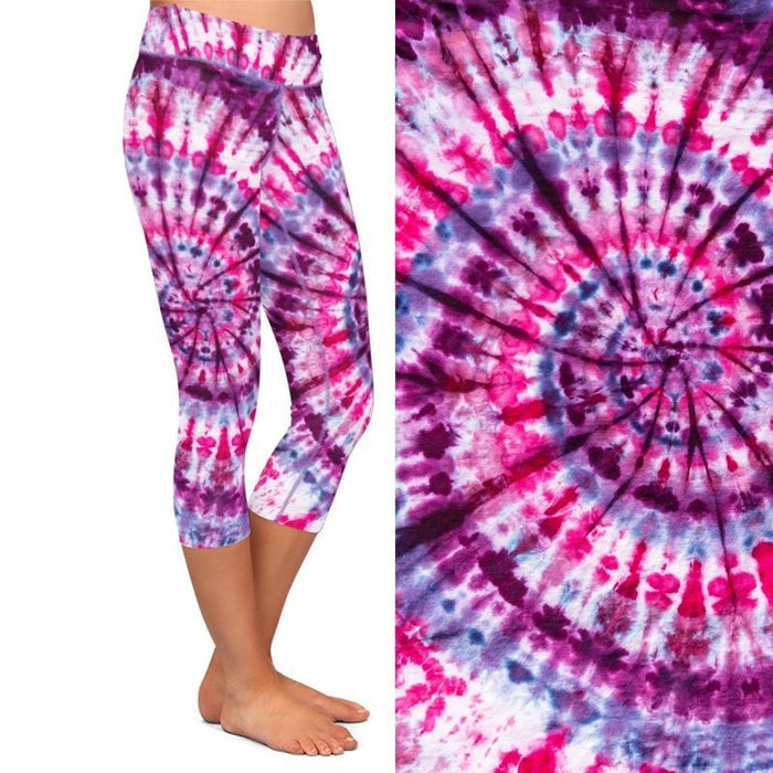 Womens Pink/Purple Tie-Dye Printed Capri Leggings