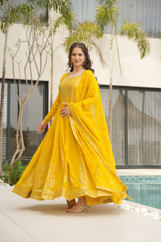 Yellow Color Faux Blooming Embroidered Gown