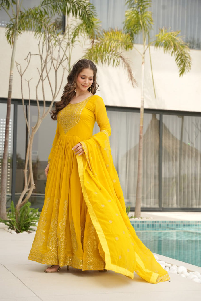 Yellow Color Faux Blooming Embroidered Gown