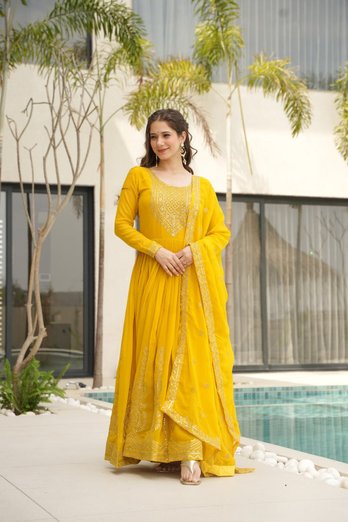 Yellow Color Faux Blooming Embroidered Gown