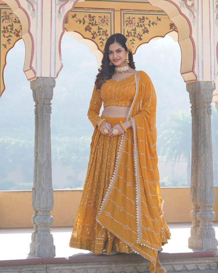 Yellow Color Georgette Heavy Embroidery Threaded Semi Stitched Lehenga Choli