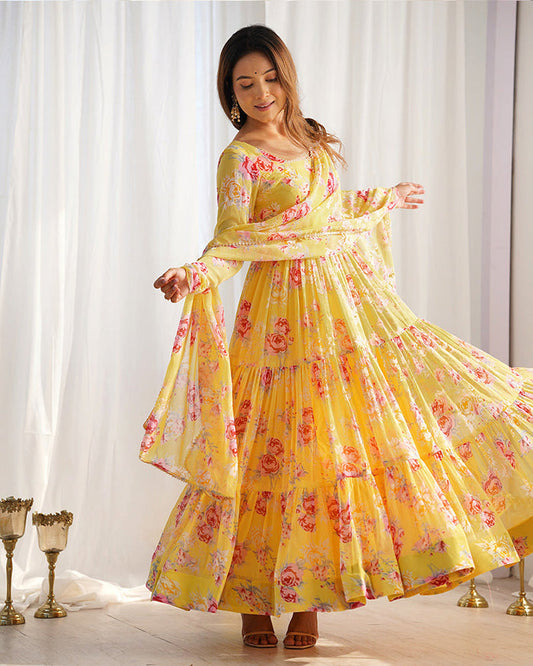 YELLOW COLOR GEORGETTE THREE LAYER RUFFLE STYLE ANARKALI SUIT