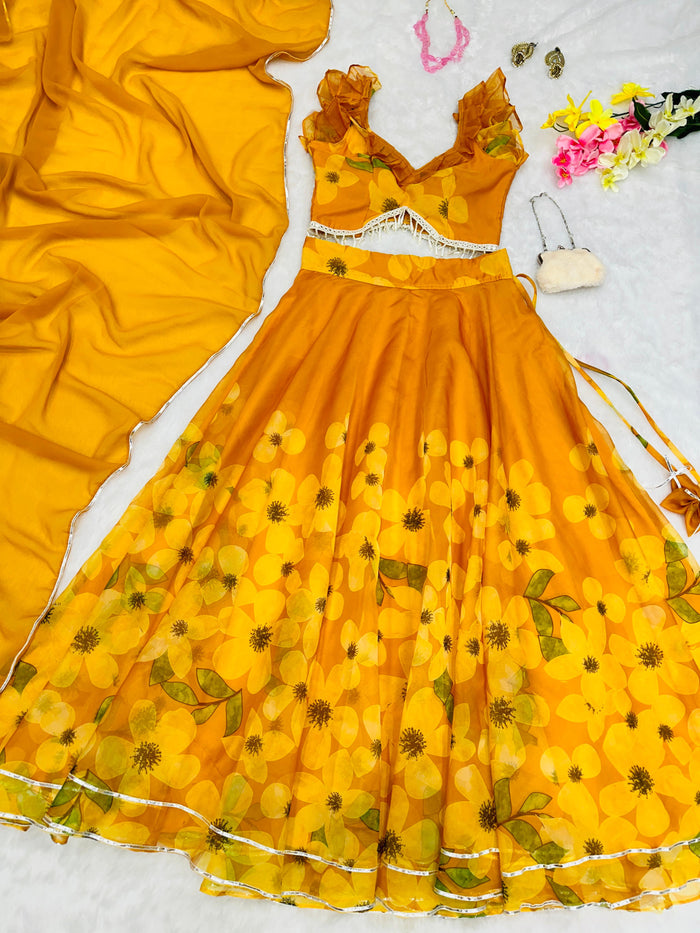 Yellow Organza Silk Flower Printed Lehenga Choli