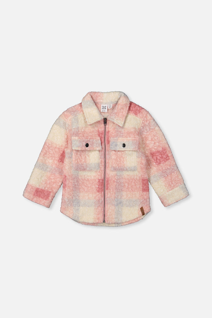 Deux par Deux girls' beige and pink plaid zipped overshirt, front view