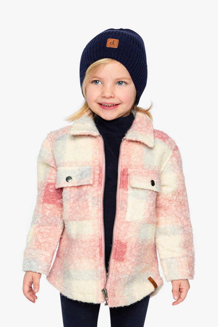 Child wearing the Deux par Deux beige and pink plaid sherpa overshirt, view 1
