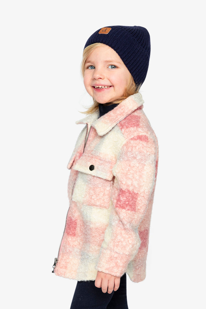 Child wearing the Deux par Deux beige and pink plaid sherpa overshirt, view 2