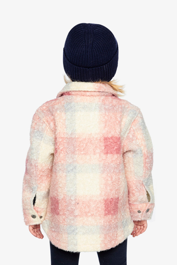 Child wearing the Deux par Deux beige and pink plaid sherpa overshirt, view 3