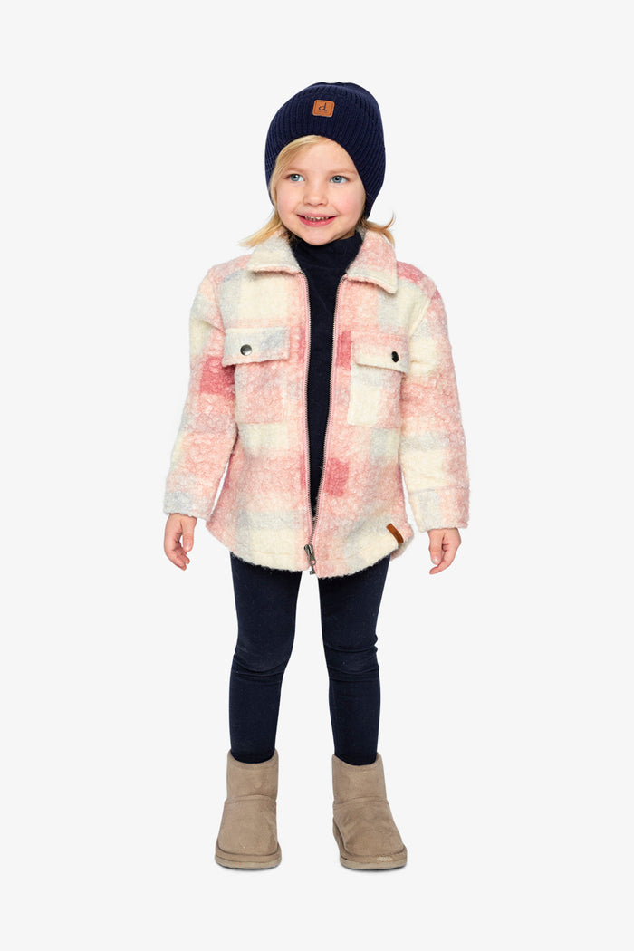 Full view of the Deux par Deux beige and pink plaid overshirt