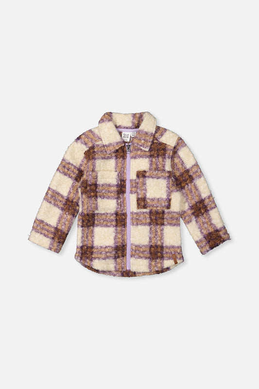 Deux par Deux girls sherpa zip overshirt in beige and mauve plaid, main view