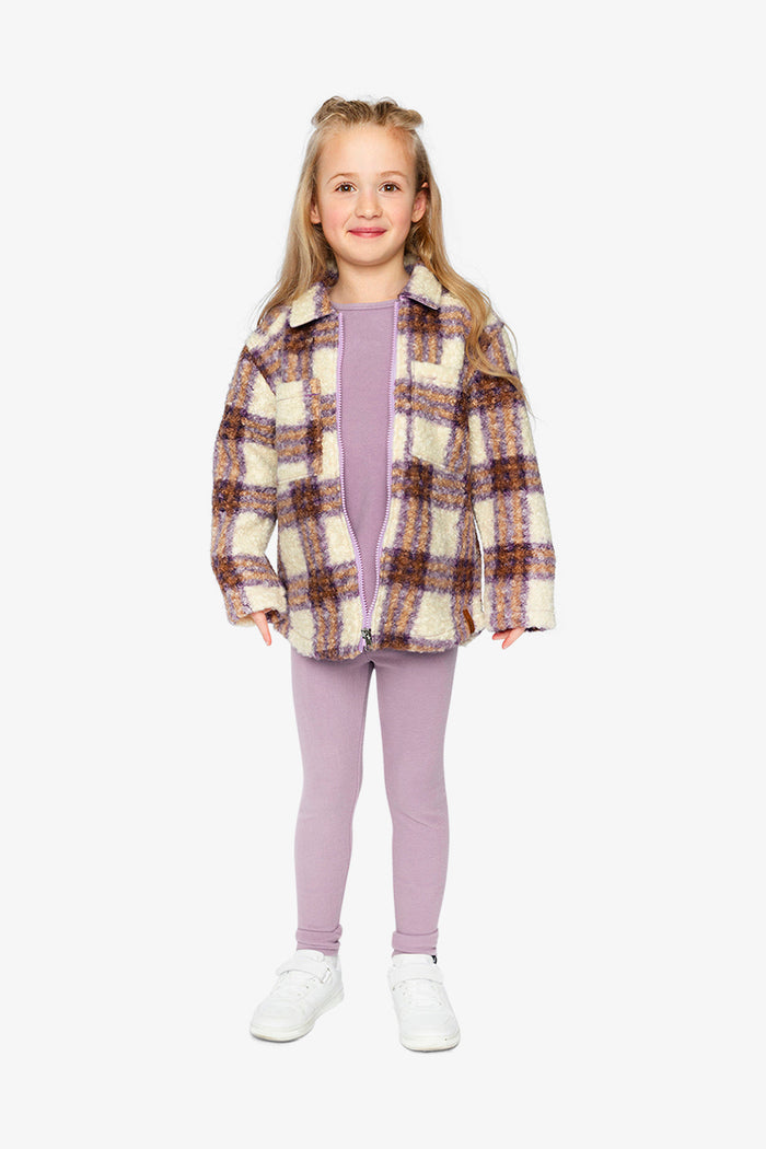 Deux par Deux girls sherpa zip overshirt in beige and mauve plaid, full view
