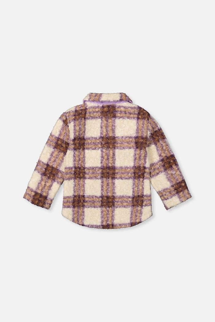 Deux par Deux girls sherpa zip overshirt in beige and mauve plaid, view 2
