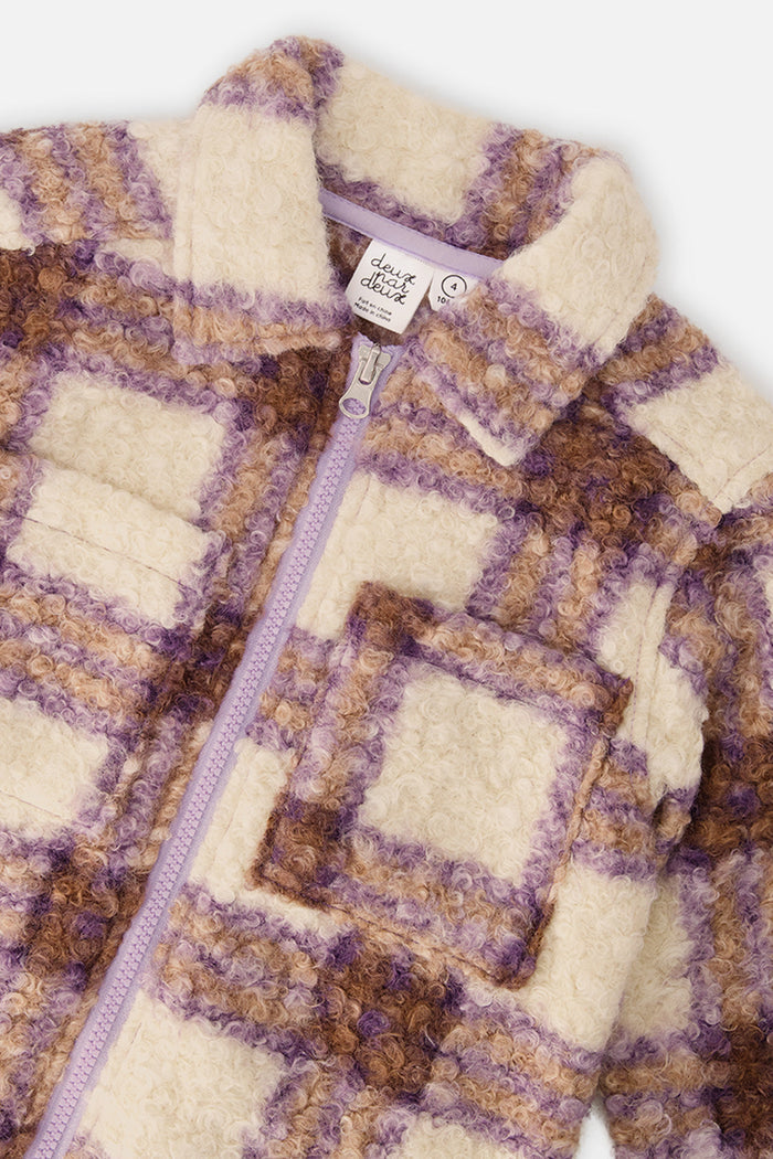 Deux par Deux girls sherpa zip overshirt in beige and mauve plaid, view 3
